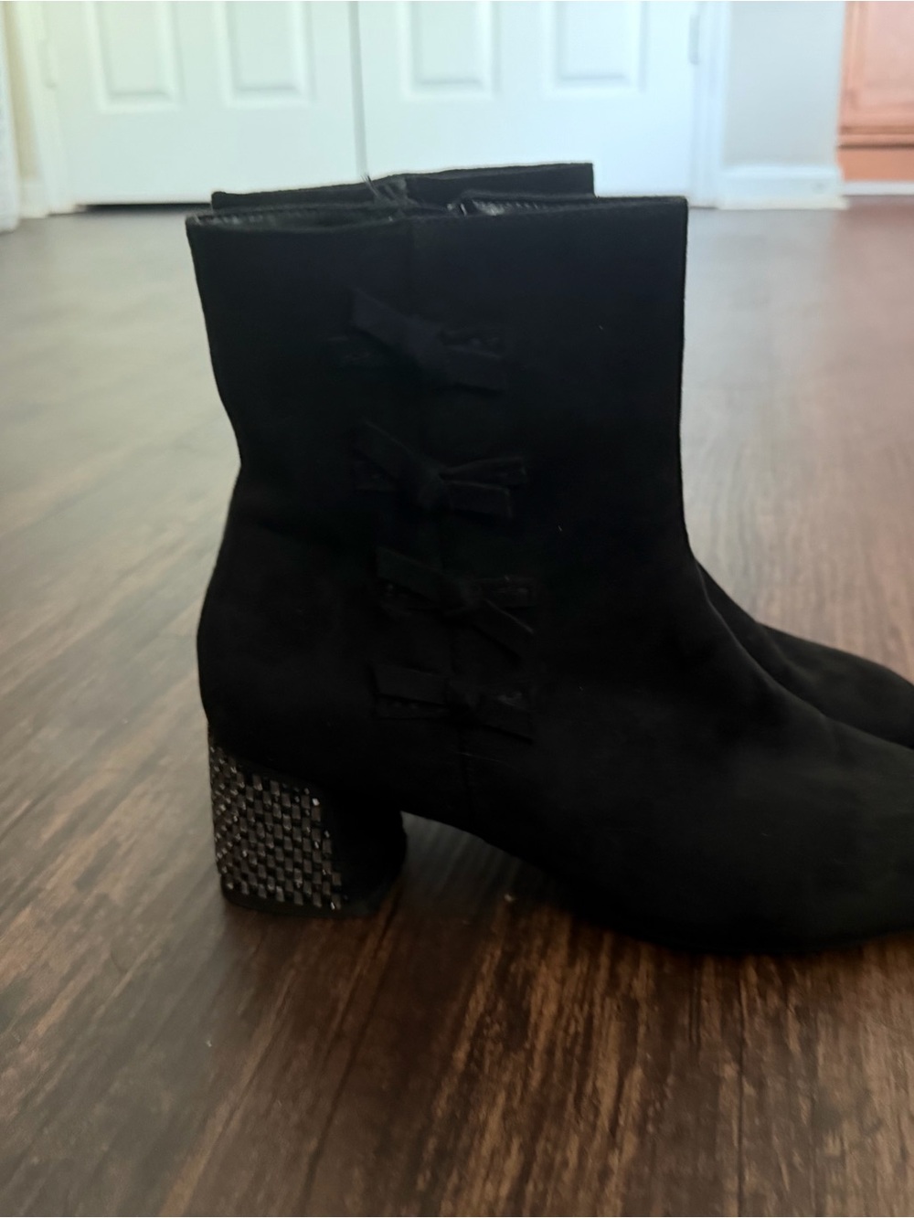Women's Black Suede Ankle Boots with Decorative Bow and Embellished Heel 9.5